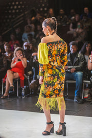 Bold Bloom One-Shoulder Dress with Fringe Detail