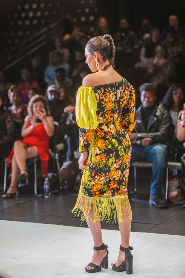 Bold Bloom One-Shoulder Dress with Fringe Detail