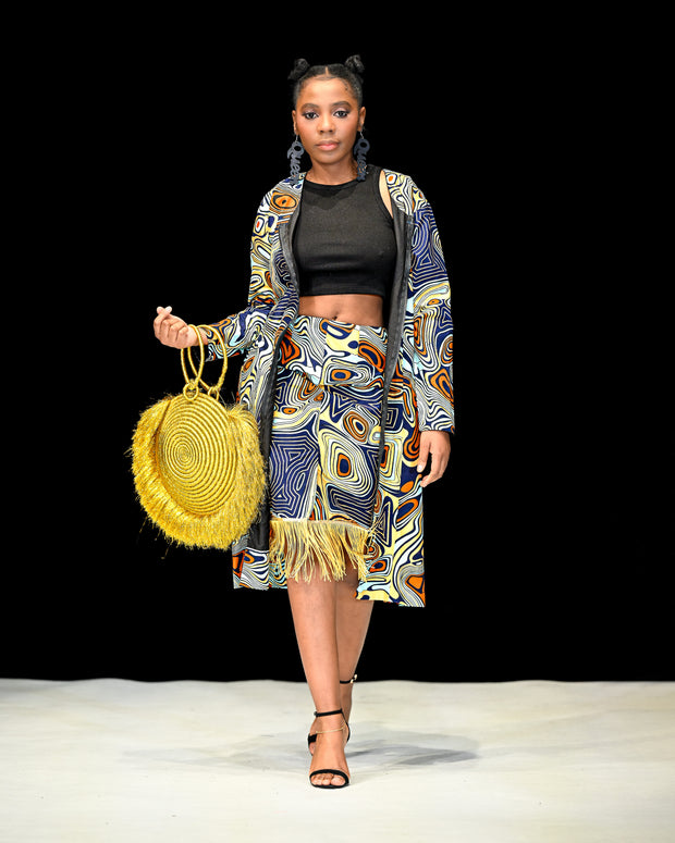 Women's Ankara Print Skirt & Blazer Set – Golden Fringe Elegance, Medium