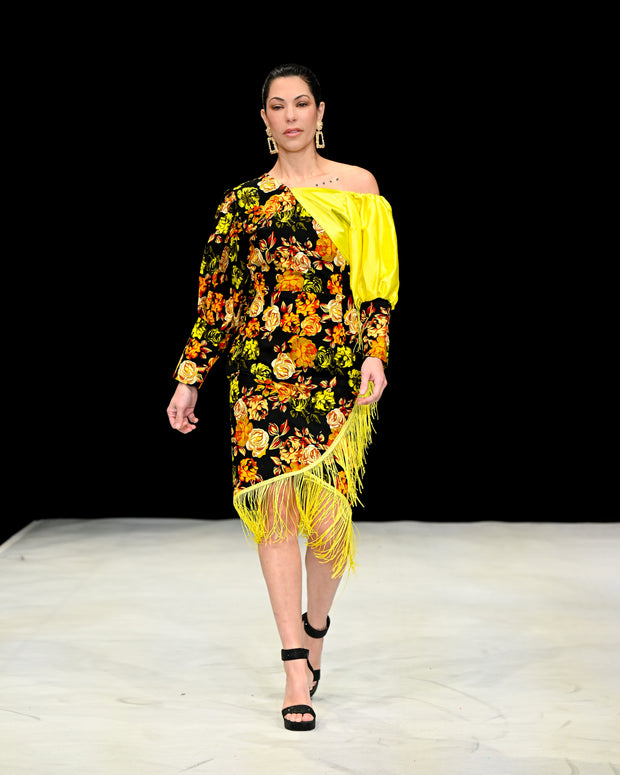 Bold Bloom One-Shoulder Dress with Fringe Detail