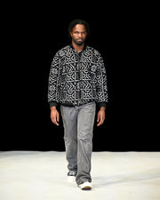 Men’s Mudcloth-Inspired Puffy Bomber Jacket – Black & White