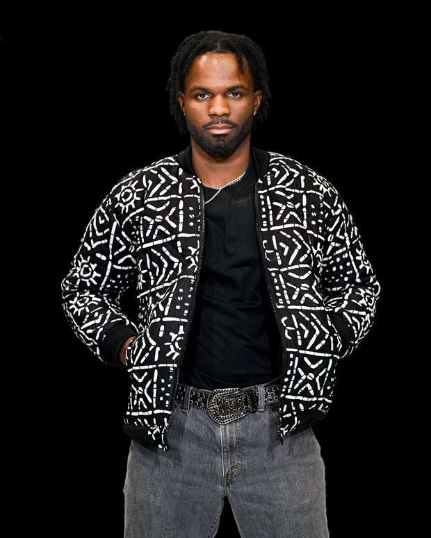 Men’s Mudcloth-Inspired Puffy Bomber Jacket – Black & White