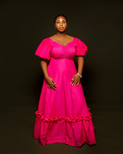 Puff Sleeve Maxi Dress – Hot Pink Elegance Dress