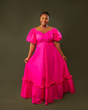 Puff Sleeve Maxi Dress – Hot Pink Elegance Dress