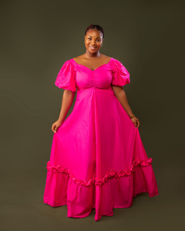 Puff Sleeve Maxi Dress – Hot Pink Elegance Dress