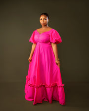 Puff Sleeve Maxi Dress – Hot Pink Elegance Dress