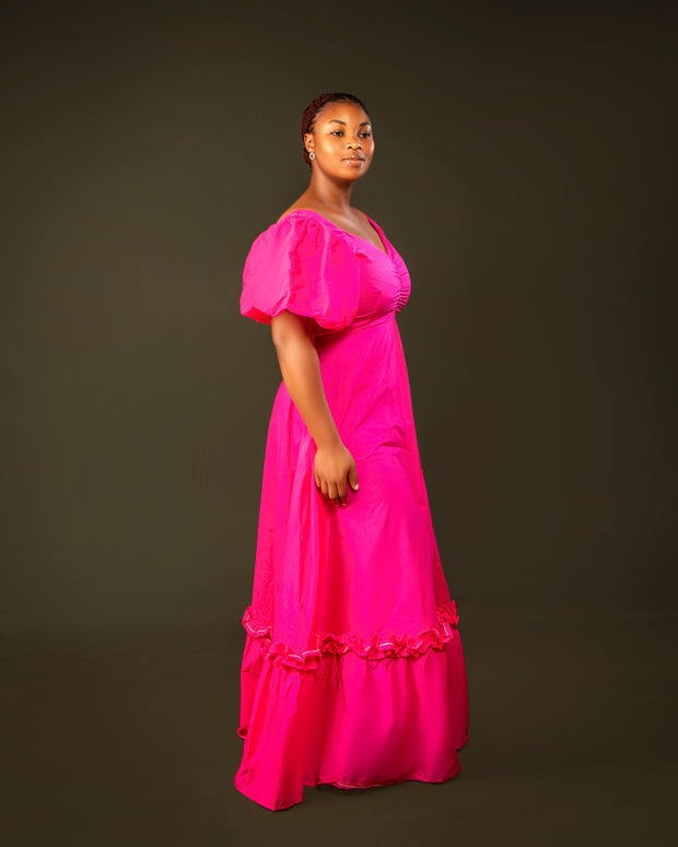 Puff Sleeve Maxi Dress – Hot Pink Elegance Dress