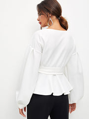 Lantern Sleeve Surplice Belted Peplum Blouse - NancyK Boutique