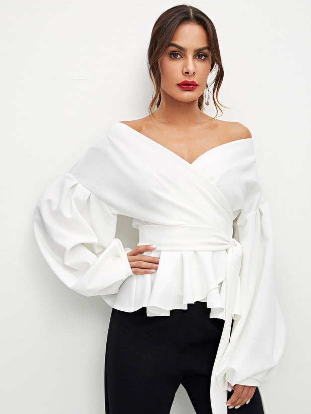 Lantern Sleeve Surplice Belted Peplum Blouse - NancyK Boutique