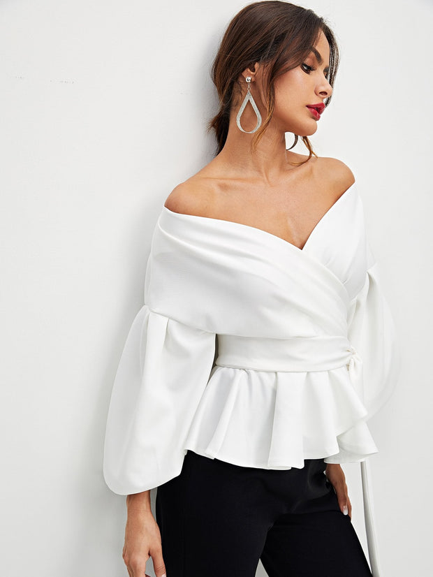 Lantern Sleeve Surplice Belted Peplum Blouse - NancyK Boutique