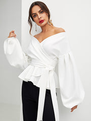 Lantern Sleeve Surplice Belted Peplum Blouse - NancyK Boutique