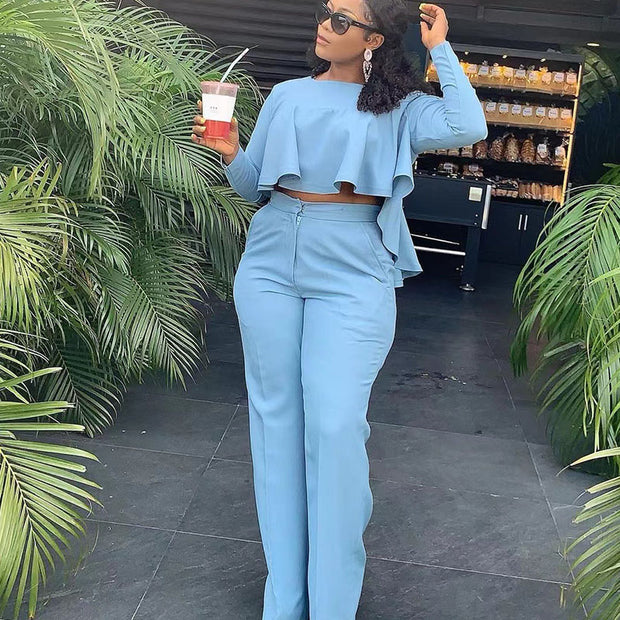 Matching Set Women Ruffles Crop Top & Wide Leg Pants