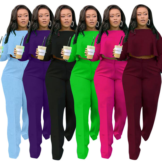 Matching Set Women Ruffles Crop Top & Wide Leg Pants