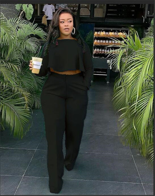 Matching Set Women Ruffles Crop Top & Wide Leg Pants