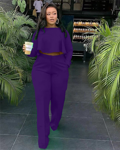 Matching Set Women Ruffles Crop Top & Wide Leg Pants
