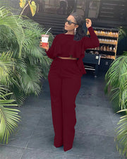 Matching Set Women Ruffles Crop Top & Wide Leg Pants
