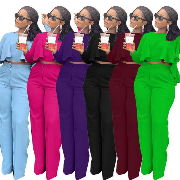Matching Set Women Ruffles Crop Top & Wide Leg Pants
