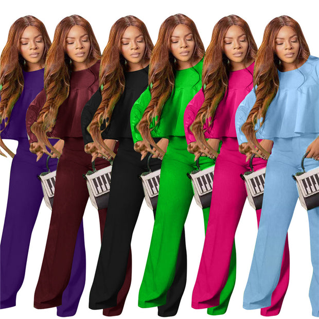 Matching Set Women Ruffles Crop Top & Wide Leg Pants