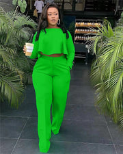 Matching Set Women Ruffles Crop Top & Wide Leg Pants