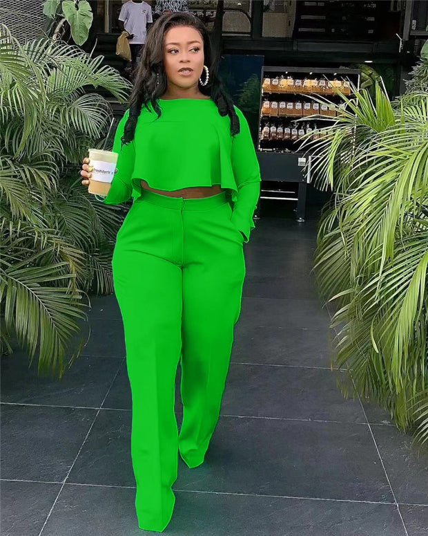 Matching Set Women Ruffles Crop Top & Wide Leg Pants
