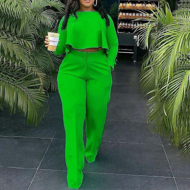 Matching Set Women Ruffles Crop Top & Wide Leg Pants