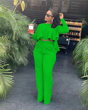 Matching Set Women Ruffles Crop Top & Wide Leg Pants