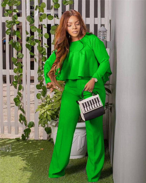 Matching Set Women Ruffles Crop Top & Wide Leg Pants