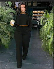 Matching Set Women Ruffles Crop Top & Wide Leg Pants