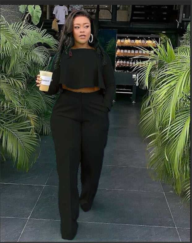 Matching Set Women Ruffles Crop Top & Wide Leg Pants
