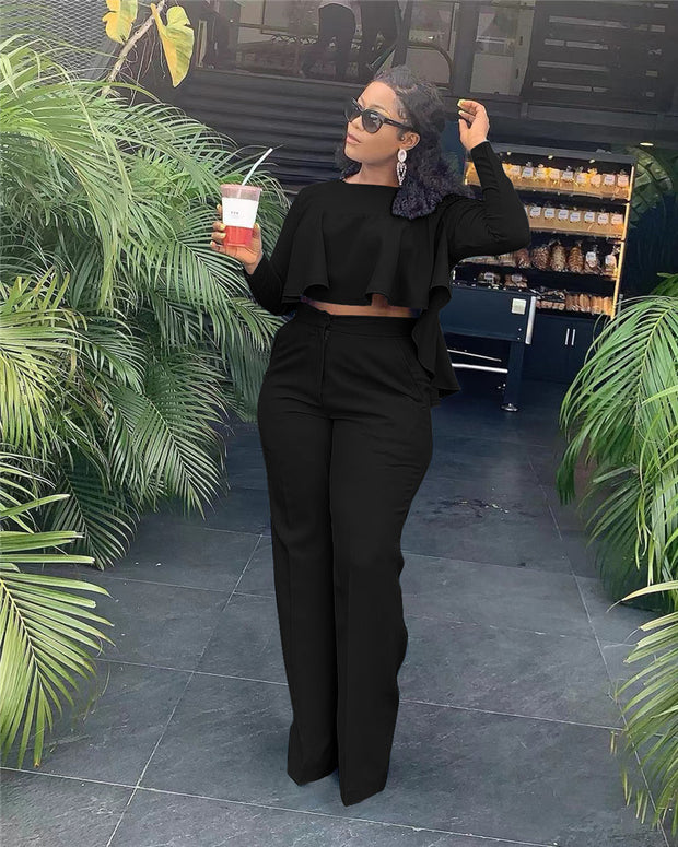 Matching Set Women Ruffles Crop Top & Wide Leg Pants