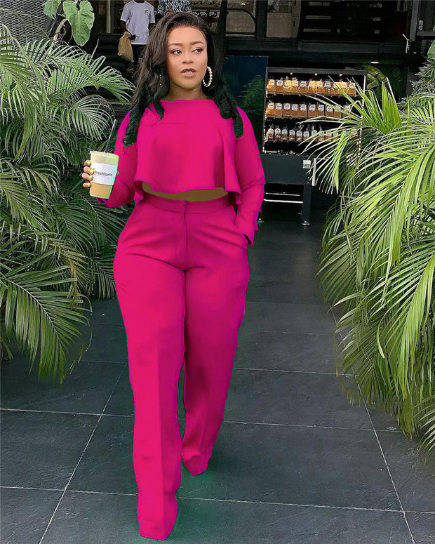 Matching Set Women Ruffles Crop Top & Wide Leg Pants