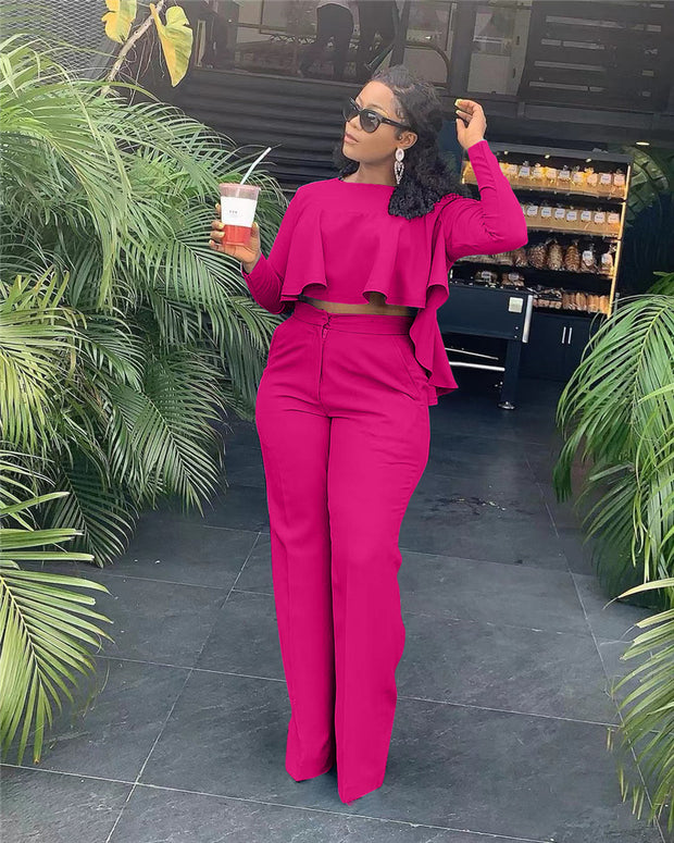 Matching Set Women Ruffles Crop Top & Wide Leg Pants
