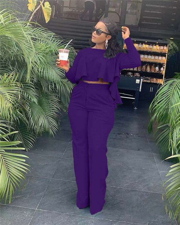 Matching Set Women Ruffles Crop Top & Wide Leg Pants