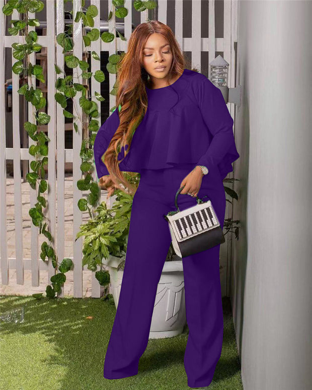 Matching Set Women Ruffles Crop Top & Wide Leg Pants