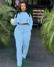 Matching Set Women Ruffles Crop Top & Wide Leg Pants
