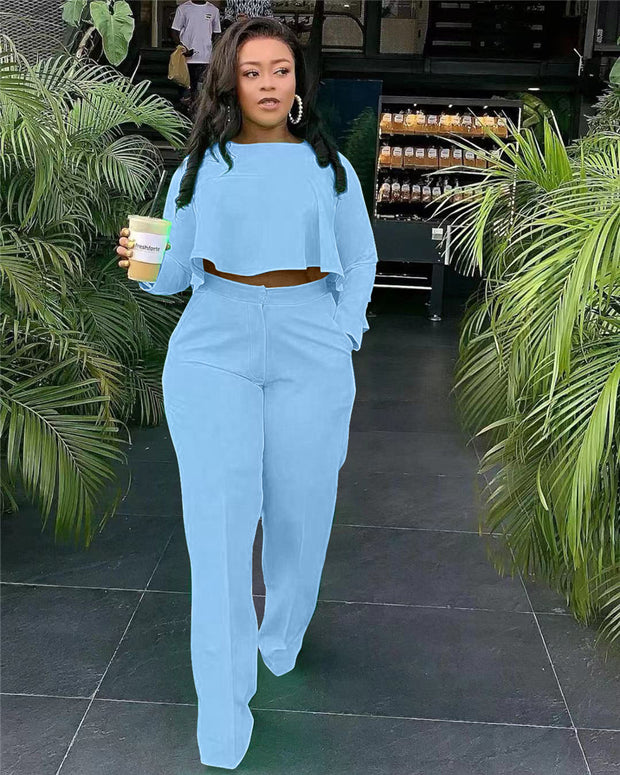 Matching Set Women Ruffles Crop Top & Wide Leg Pants