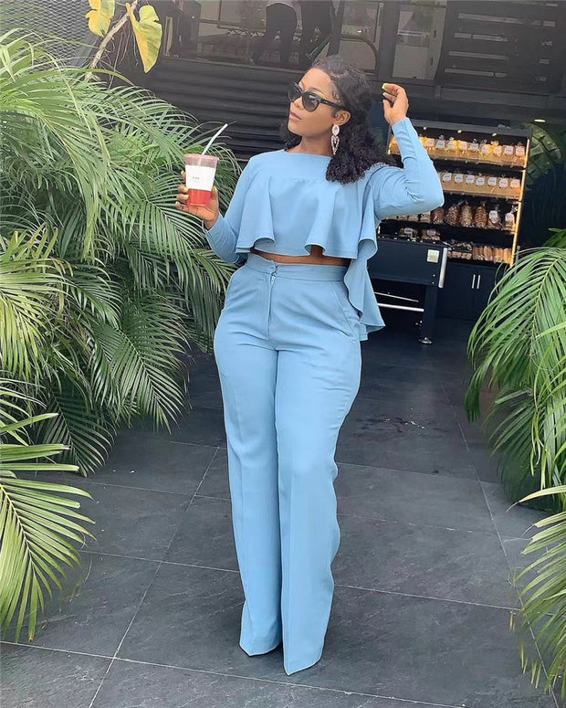 Matching Set Women Ruffles Crop Top & Wide Leg Pants