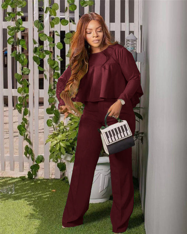 Matching Set Women Ruffles Crop Top & Wide Leg Pants